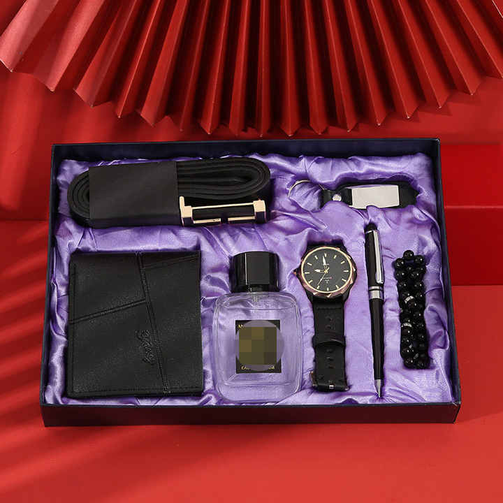 Watch gift set belt+purse+perfume+key ring+disc